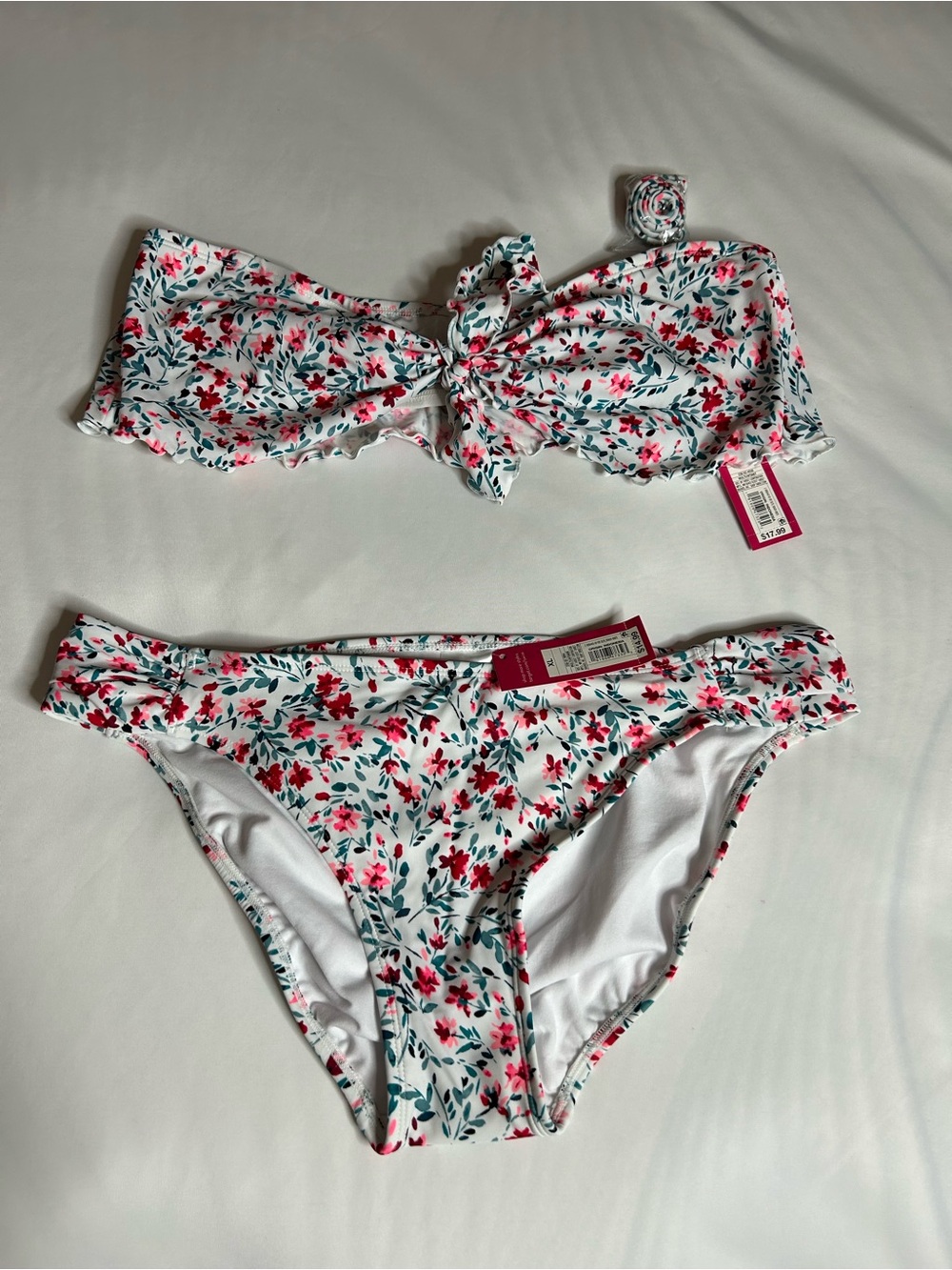 NWT Xhilaration White Floral Women’s Bikini Set with Pink and Teal Accents Sz XL